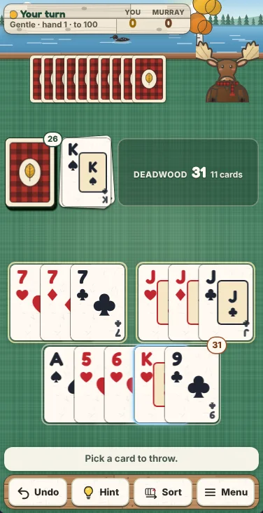 Actual Birch Cove Gin Rummy gameplay on a phone-sized screen: Murray’s face-down cards across the top beside Murray the moose, the stock and the discard pile in the middle beside the deadwood panel, your eleven cards in two rows near the bottom with the card you drew outlined, the message line and Undo, Hint, Sort and Menu at the bottom.
