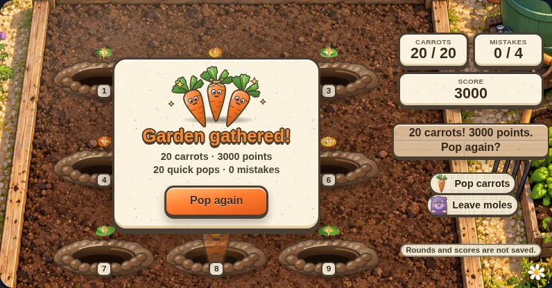 Actual Carrot Pop result showing 20 carrots, 3,000 points, 20 quick pops, zero mistakes, and a Pop again button.