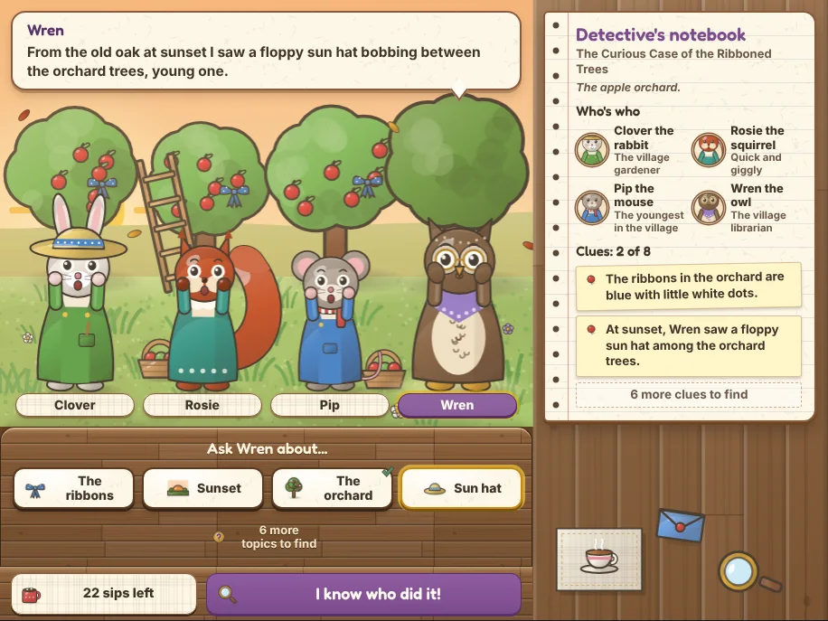 The Curious Case Of... gameplay screenshot: four villagers in an apple orchard, Wren the owl answering a question about a sun hat, topic buttons below, and a detective’s notebook with two clues pinned.