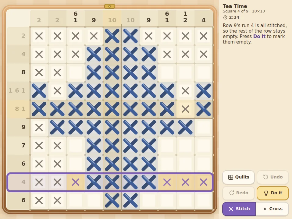 Actual Little Stitches gameplay on Tea Time, square 4 of 9, a 10x10 pattern, with the clock at 2:34. Stitched squares are bold blue X stitches on tinted squares and squares marked empty are thin gray crosses, with row counts such as 1 6 1 and 8 1 down the left, column counts such as 6 over 1 and 10 along the top, and the counts of lines that already match faded. Row 9, whose count is 4, is ringed in purple with its four stitches down. The side panel says Row 9’s run 4 is all stitched, so the rest of the row stays empty, and Press Do it to mark them empty, with purple crosses on the squares the hint would mark. The Hint button reads Do it, beside Quilts, Undo, Redo and the Stitch and Cross switch.