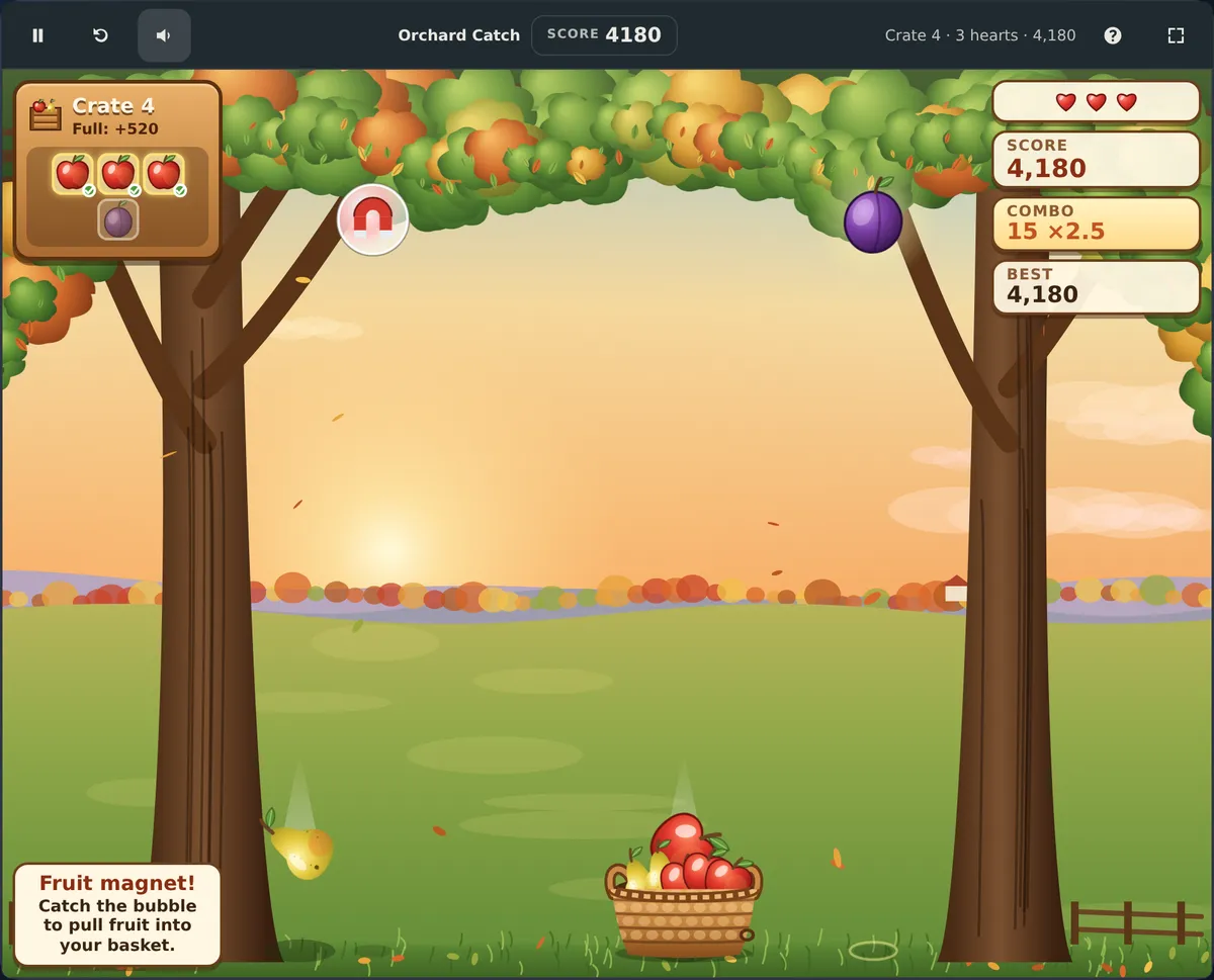 Actual Orchard Catch gameplay on a desktop: the market crate for crate 4 on the left with three apples filled and a plum still needed, hearts, score, and a combo of 15 at x2.5 on the right, a magnet power-up bubble and a glowing plum hanging in the canopy, and an apple falling into a basket full of fruit.