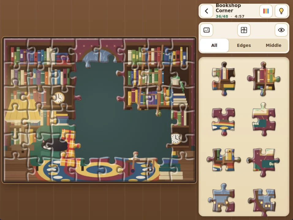 Actual Rainy Day Jigsaw gameplay: a 48-piece Bookshop Corner puzzle with 36 of 48 pieces placed. The border and both bookcases are done, and the middle of the board, where the round window, the map and the Books sign belong, is still empty. The side panel shows the time, the tool buttons, the All, Edges and Middle filter and a tray of loose pieces.