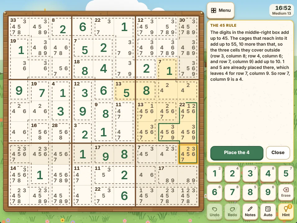 Sprout Killer Sudoku gameplay on Medium puzzle 13: a part-solved grid in a wooden bed with dotted cages, small sums and pencil notes, and a 45 rule hint beside it explaining that the cages reaching into the middle-right box add up to 55, so row 7, column 9 is a 4, with that box and the cells involved highlighted.
