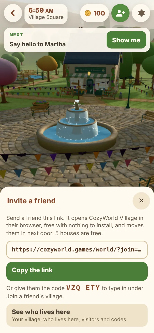 Actual CozyWorld Village screenshot on a phone-sized screen: the green Invite a friend button at the top right, and the Invite a friend panel with the invite link, a Copy the link button and the village code.