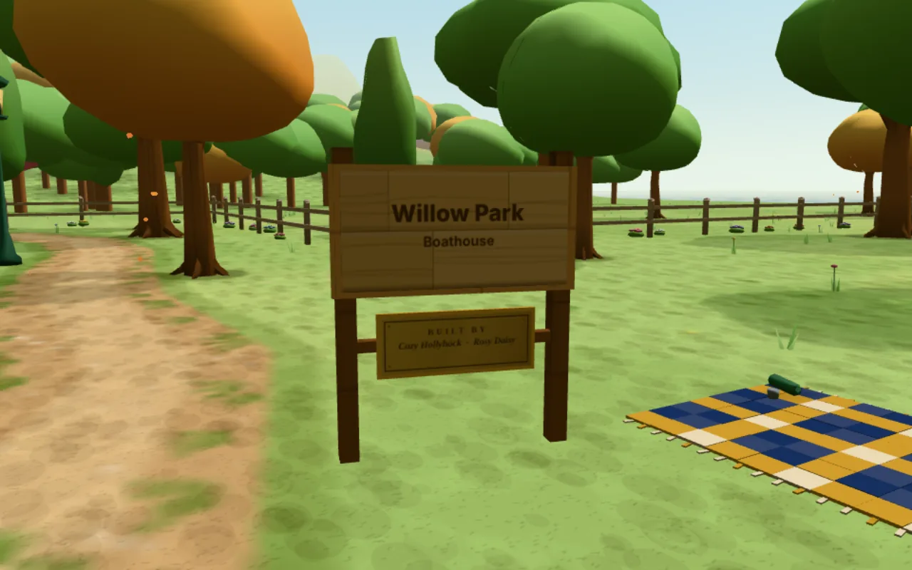Actual CozyWorld Village screenshot: the Willow Park Boathouse sign with a brass plaque on a rail between its posts, engraved Built by and the names of the two neighbors who built it.