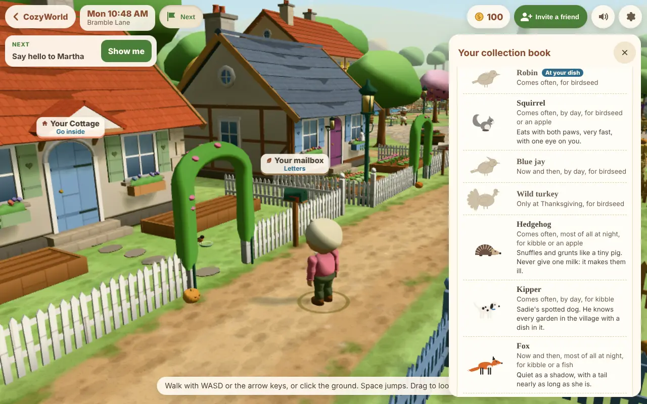 Actual CozyWorld Village screenshot: the Garden visitors page of the collection book, with drawings of the animals seen so far, outlines of the ones still to come, a robin marked as at your dish, and when each comes and for which treat.