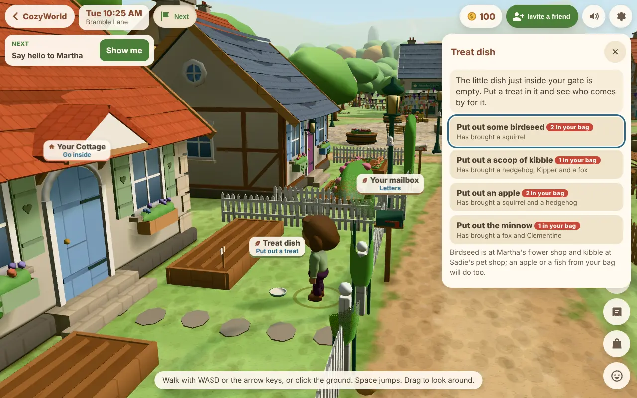Actual CozyWorld Village screenshot: a player standing at the little dish inside their garden gate, with the Treat dish panel open offering birdseed, kibble, an apple or a minnow from the bag and who each has brought before.