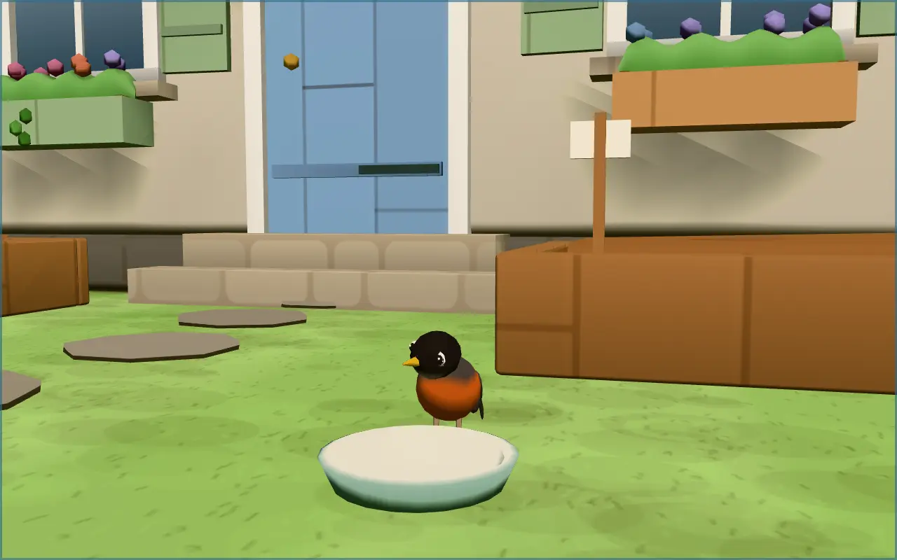 Actual CozyWorld Village screenshot: a robin waiting by the little green dish on the lawn of a cottage garden, with a raised bed and the cottage's blue front door behind it.