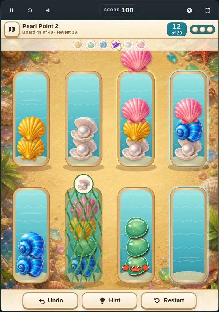 Shell Sort Cove board: eight trays of shells on a beach, one under a kelp net and one with a hermit crab, with Undo, Hint and Restart buttons
